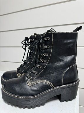 Madden Girl Black Lace-Up Platform Combat Boots with Contrast Stitching